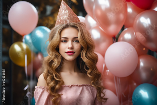 Woman with party hat standing in front of balloons.