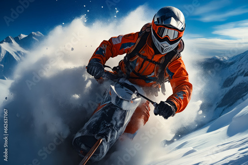 Man riding snowboard down snow covered slope.