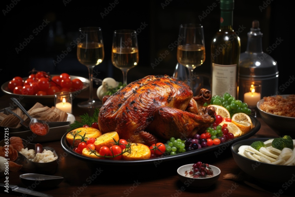 Table setting for traditional thanksgiving day. Turkey with vegetables Table setting for traditional thanksgiving day. Turkey with vegetables