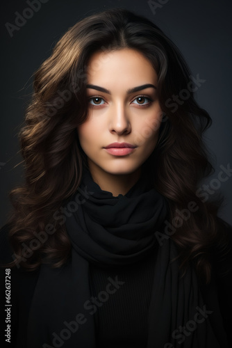Woman with long hair and black scarf on.