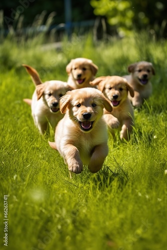 Golden Retriever puppies running in grassy field