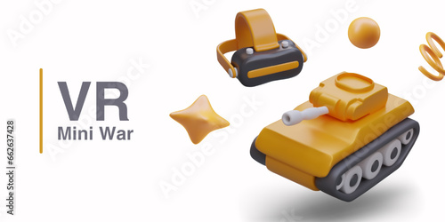 Model of weapon in realistic style for cartoon army. VR 3d computer mini war game concept. Battles, warfare concept. Vector illustration in yellow colors with place for text