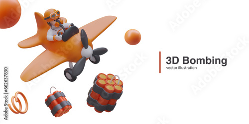 Aerial bombing concept. Pilot in vintage airplane drops dynamite. Isolated vector elements on white background. Advertising strategies, online games in funny style