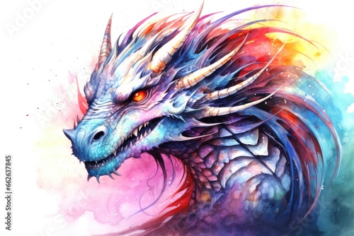 watercolor fantasy colorful portrait of dragon on white background © dashtik