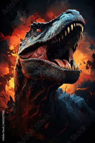 Tyrannosaurus dinosaur on dark background. Illustration Generative AI