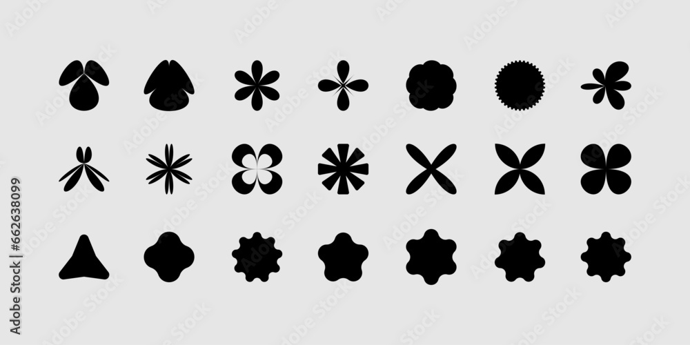 Obraz premium Abstract geometric. Universal star and flower shape, basic forms. y2k collection. Simple digital isolated elements for design. Trendy minimalistic bauhaus and boho form, retro futuristic, vector set