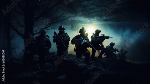A group of military with weapons training at night © cherezoff
