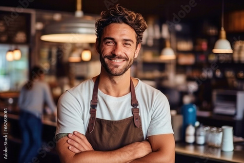 Portrait of a handsome satisfied bearded young man with crossed arms and wearing apron working in a coffee shop