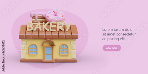 Web poster with button and model of bakery in cartoon style. Store with tasty cakes and donuts. Online order of tasty products. Vector illustration with pink background and place for text