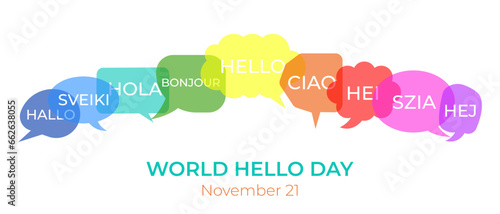 World Hello Day.Vector illustration with the word "Hello" in speech bubbles in different world languages.