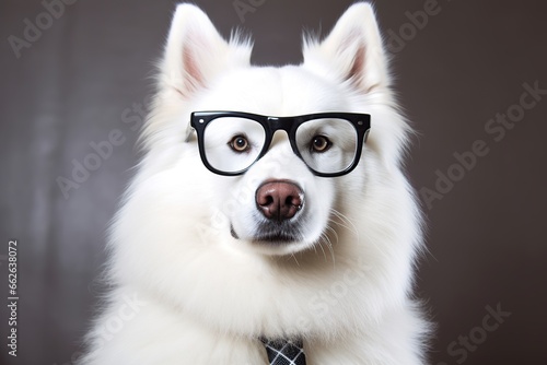 Pure white Siberian husky wearing glasses and tie. Business Dog.