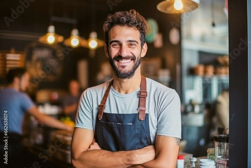 Portrait of a handsome satisfied bearded young man with crossed arms and wearing apron working in a coffee shop © Goffkein