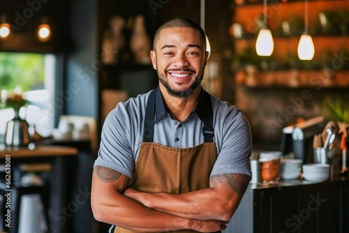 Portrait of a handsome satisfied bearded young black man with crossed arms and wearing apron working in a coffee shop photo