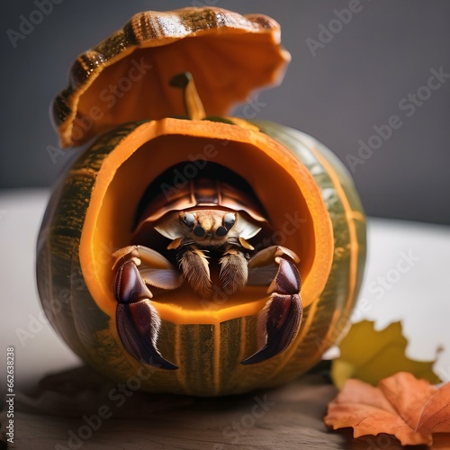 A hermit crab in a pumpkin shell costume, with a jack-olantern face1 photo