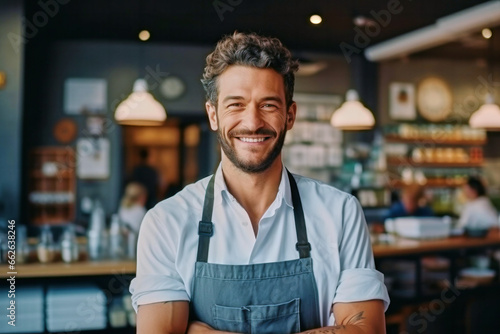 Portrait of a handsome smiling satisfied bearded young man wearing apron working in a coffee shop photo