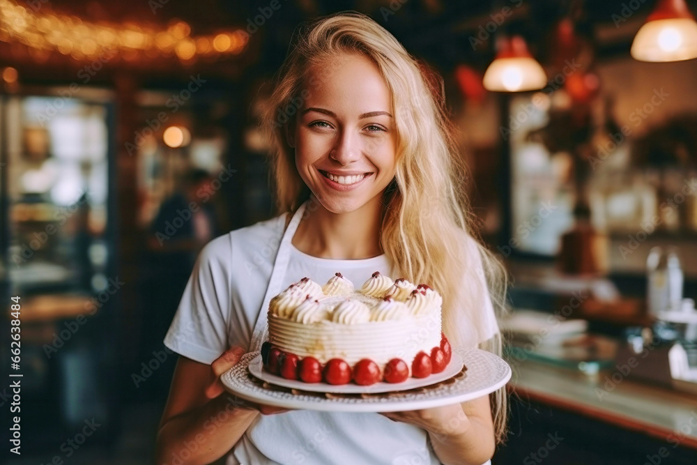Portrait of cheerful young attractive satisfied smiling pastry chef woman wearing apron and holding plate with cake working in pastry shop Portrait of cheerful young attractive satisfied smiling pastry chef woman wearing apron and holding plate with cake working in pastry shop