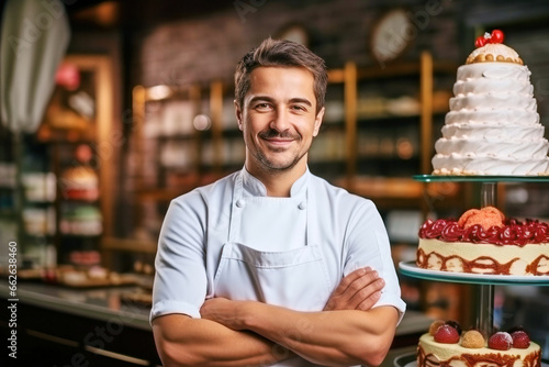 Portrait of joyful adult handsome satisfied smiling pastry chef man wearing white uniform with crossed arms working in pastry shop photo