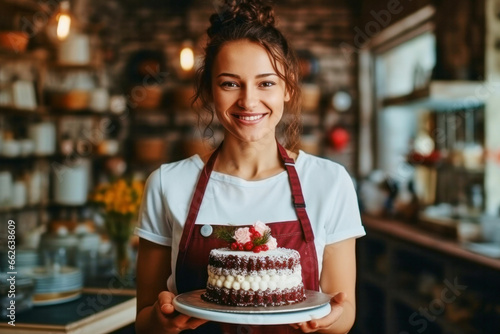 Portrait of cheerful young attractive satisfied smiling pastry chef woman wearing apron and holding plate with cake working in pastry shop