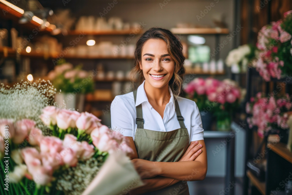 Portrait of a satisfied attractive joyful cheerful woman florist wearing apron working in a flower shop - obrazy, fototapety, plakaty 