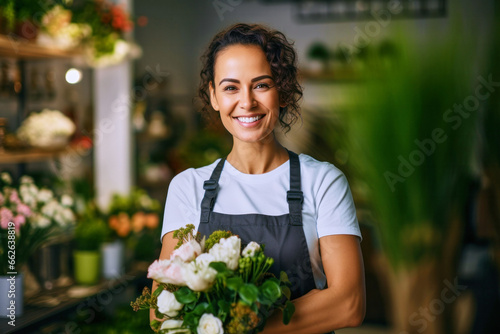 Portrait of a satisfied attractive joyful cheerful woman florist wearing apron working in a flower shop photo
