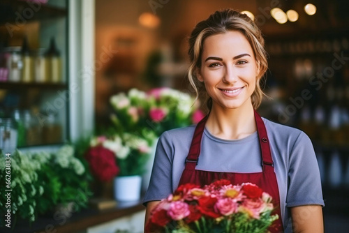 Portrait of a satisfied attractive joyful cheerful woman florist wearing apron working in a flower shop © Goffkein