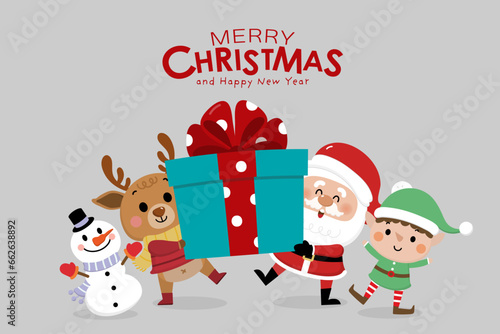 Merry Christmas and happy new year greeting card with cute Santa Claus, little elf, snowman and deer. Holiday cartoon character in winter season. -Vector