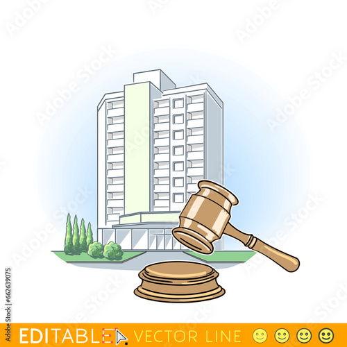 Gavel in front of green plants and residential buildings as background. Judge hammer.