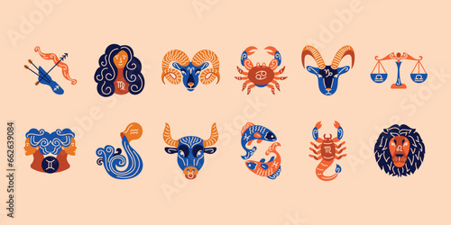 Zodiac signs color set. Astrology. Horoscope. All zodiac signs and elements.