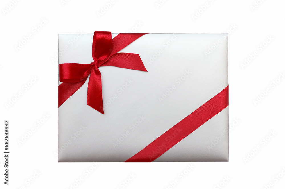 Gift Envelope, Gift Certificate or Sale Card Isolated on White Background. Gray Greeting Envelope with Decorated Red Ribbon Bow. Gift Envelope, Gift Certificate or Sale Card Isolated on White Background. Gray Greeting Envelope with Decorated Red Ribbon Bow.