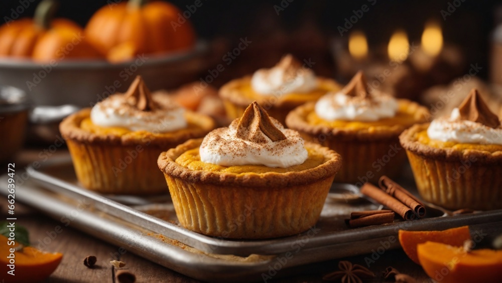 Pumpkin pies with cream and spices baked in a mini muffin tin Pumpkin pies with cream and spices baked in a mini muffin tin