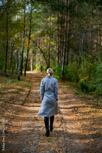 Girl walking in the woods on a path, photographed from the back. Autumn coloured trees can be seen, elegant looking woman walking with confidence as a main subject © baarisa
