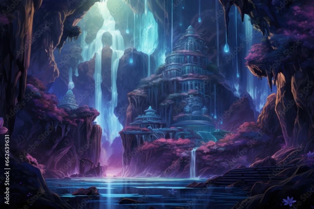 Harmonious waterfalls of glowing crystals, cascading with soothing melodies - Generative AI Harmonious waterfalls of glowing crystals, cascading with soothing melodies - Generative AI