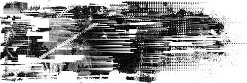 Glitch distorted grange shape . Noise grungy logo . Trendy defect error shapes . Glitched frame .Grunge textured . Distressed effect .Vector shapes with a halftone dots screen print texture.