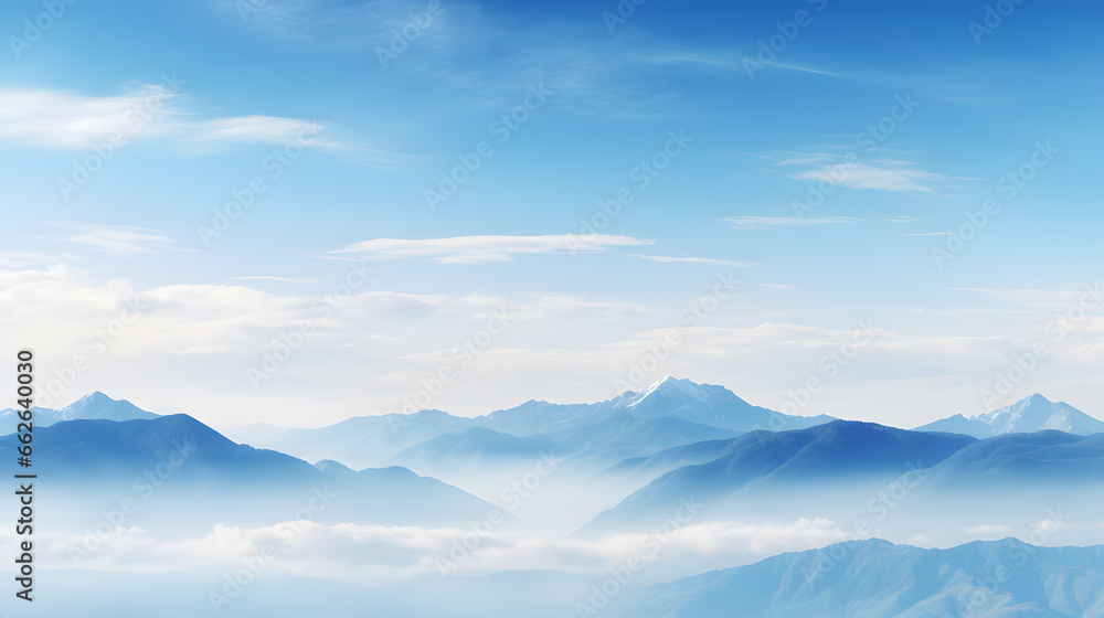 A panoramic banner featuring a serene mountain landscape with ample copy-space in the clear blue sky. Ideal for promoting travel destinations or outdoor adventures.