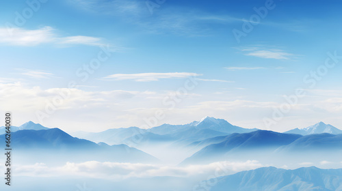 A panoramic banner featuring a serene mountain landscape with ample copy-space in the clear blue sky. Ideal for promoting travel destinations or outdoor adventures.
