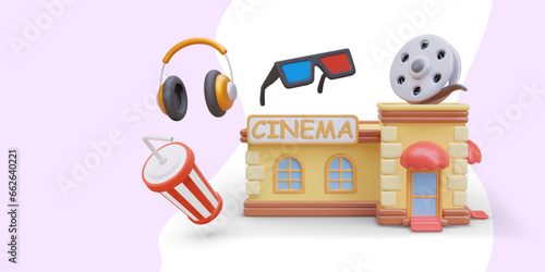 Cinema vector advertising. Realistic building, film reel, headphones, anaglyph glasses, striped cup with cold drink. Concept of rest and entertainment