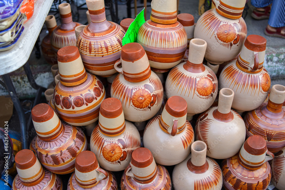 Group of ceramic pots in a street market in Mexico.
