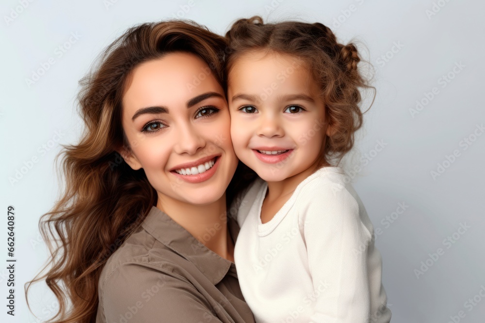 Happy smiling woman with daughter on gray background. Family photo of mother and daughter. Happy smiling woman with daughter on gray background. Family photo of mother and daughter.