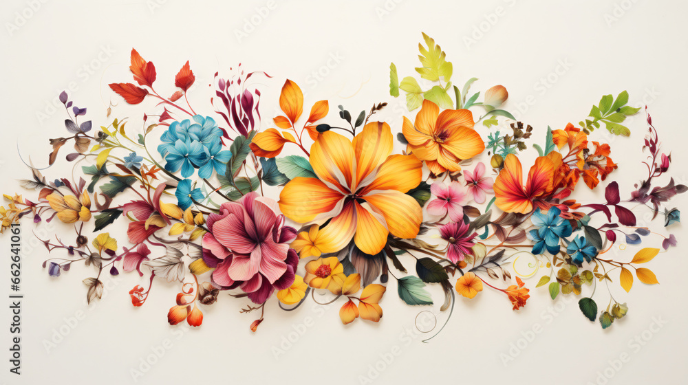 A painting of flowers and leaves