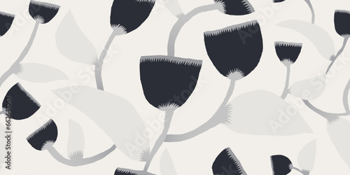 Minimal black and white modern flowers print. Hand drawn plants silhouette collage contemporary seamless pattern. 