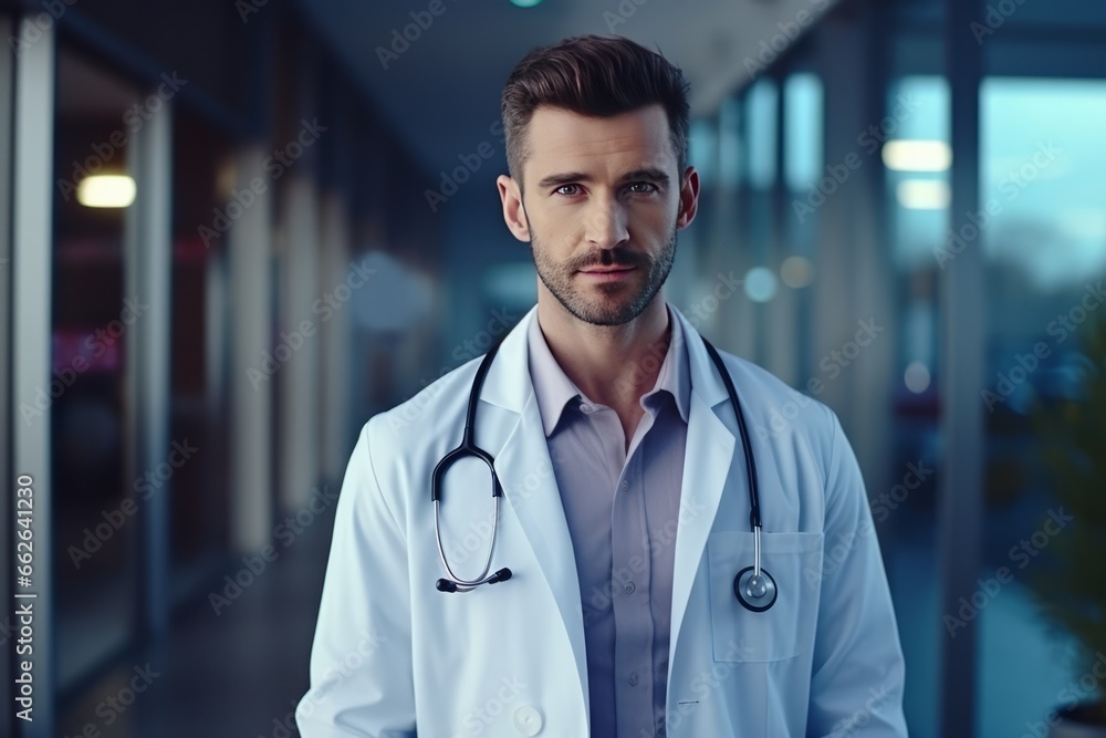 A handsome male doctor in a white coat and with a statoscope on his neck and against the background of the hospital. A handsome male doctor in a white coat and with a statoscope on his neck and against the background of the hospital.