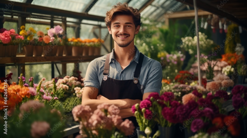 A man standing in front of a vibrant bouquet of flowers A man standing in front of a vibrant bouquet of flowers