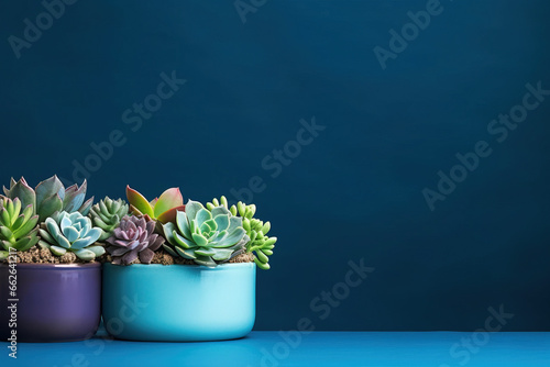 minimalistic blue background with succulents  with empty copy space