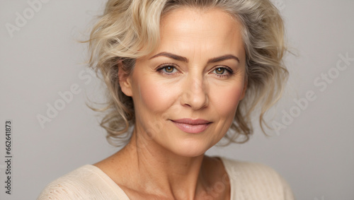 Portrait of gorgeous happy middle aged mature woman, senior older 50 year lady looking at camera, isolated on white. Lifting anti wrinkle skin care and spa theme