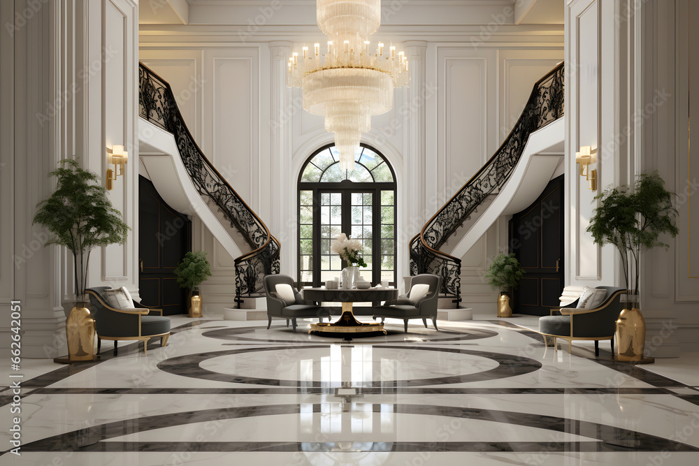 A grand entryway with sleek marble floors, a statement chandelier, and contemporary art. The opulent decor and dramatic lighting create a sense of luxury and grandeur that welcomes visitors in style. - obrazy, fototapety, plakaty 