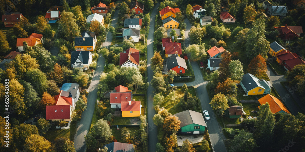 Family colorful houses in neighborhood with green trees, Aerial View - obrazy, fototapety, plakaty 