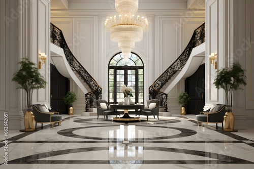 A grand entryway with sleek marble floors, a statement chandelier, and contemporary art. The opulent decor and dramatic lighting create a sense of luxury and grandeur that welcomes visitors in style. photo