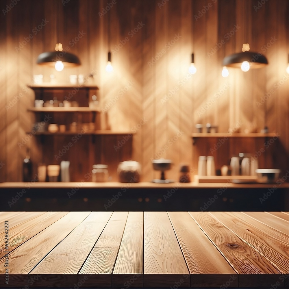 Empty wooden table in front of a blurred wooden wall and light lamp Empty wooden table in front of a blurred wooden wall and light lamp