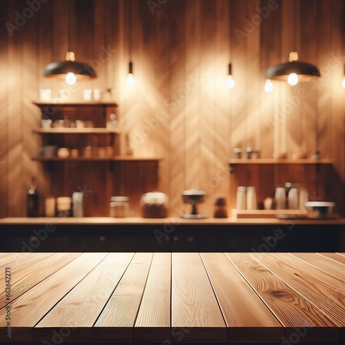 Empty wooden table in front of a blurred wooden wall and light lamp
