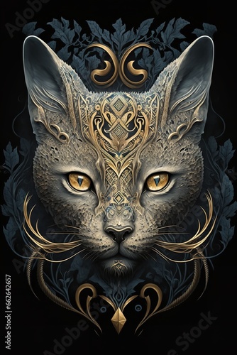 Mystical cat with a mandala on its head, a symbol of the universe and the interconnectedness of all things.